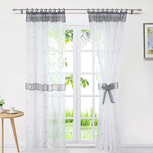 Delien Voile Gardinenschals Transparente Gardinen mit Kräuselband Modern für Wohnzimmer Dekoschal Stores Flächenvorhänge Landhaus Fenster Schals Vorhang mit Stickerei 1 St.,BxH 140x225cm,Grau von Delien