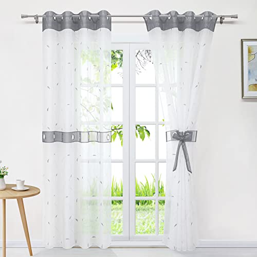 Delien Voile Gardinenschals Transparente Gardinen mit Ösen Modern für Wohnzimmer Dekoschal Stores Flächenvorhänge Landhaus Fenster Schals Vorhang mit Stickerei 1 St.,BxH 140x145cm,Grau von Delien