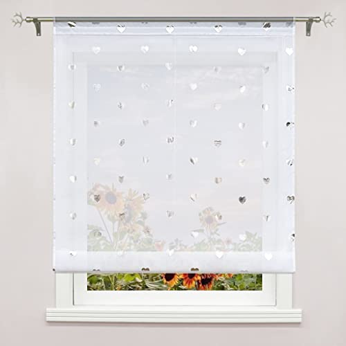 Delien Voile Raffrollo Transparente Rollos Küche Gardine Modern Raffgardine Kurz Vorhang »Herz« Bändchenrollo Schals für Fenster Gardinen mit Durchstangenzug BxH 100x140cm,Weiß von Delien