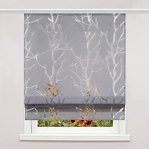 Delien Voile Raffrollo mit Klettband Transparente Ausbrenner Gardine Küche Raffgardine Kurz Rolls Vorhang »Äste« Bändchenrollo Schals Modern Fenster Gardinen BxH 140x140cm,Grau von Delien
