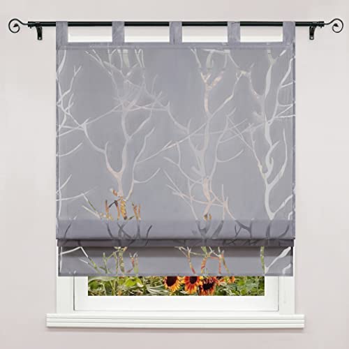 Delien Voile Raffrollo mit Schlaufen Transparente Ausbrenner Gardine Küche Raffgardine Kurz Rolls Vorhang »Äste« Bändchenrollo Schals Modern Fenster Gardinen BxH 100x140cm,Grau von Delien