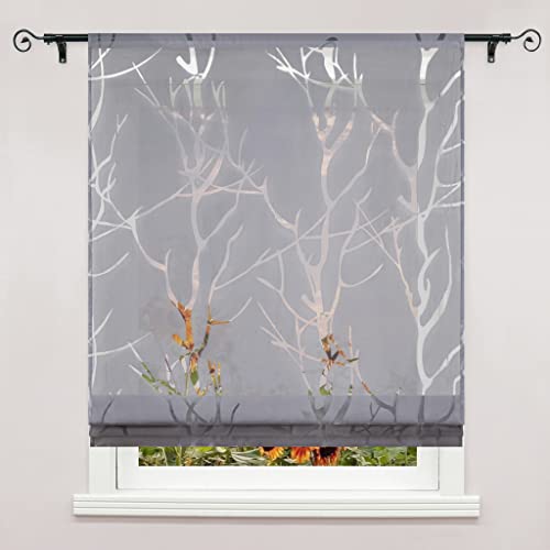 Delien Voile Raffrollo mit Tunnelzug Transparente Ausbrenner Gardine Küche Raffgardine Kurz Rolls Vorhang »Äste« Bändchenrollo Schals Modern Fenster Gardinen BxH 120x155cm,Grau von Delien