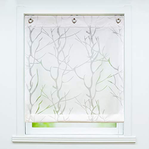 Delien Voile Raffrollo ohne Bohren mit Ösen Transparente Ausbrenner Gardine Küche Raffgardine Kurz Rolls Vorhang »Äste« Ösenrollo Schals Modern Fenster Gardinen BxH 80x140cm,Weiß von Delien