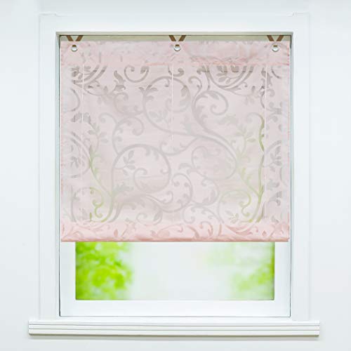 Delien Voile Raffrollos 1 Stück Transparente Ausbrennergardine Raffgardine Ösenrollo mit Blumenmuster »Phönixschwanz« Kurzschals Fenstergardine mit V-Haken Aufhängung mit Ösen BxH 100x130cm,Rosa von Delien