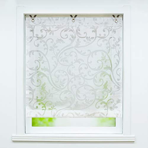 Delien Voile Raffrollos 1 Stück Transparente Ausbrennergardine Raffgardine Ösenrollo mit Blumenmuster »Phönixschwanz« Kurzschals Fenstergardine mit V-Haken Aufhängung mit Ösen BxH 120x130cm,Weiß von Delien