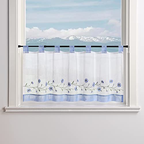 Delien Voile Scheibengardine Transparente Bistrogardinen Landhaus Kurz Vorhang Modern »Daisy« Kurzstores mit Blumenstickerei Küchengardinen mit Schlaufen BxH 120x30cm,Blau #2 von Delien