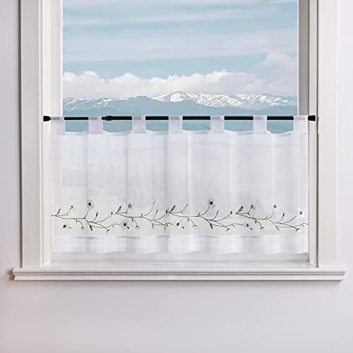 Delien Voile Scheibengardine Transparente Bistrogardinen Landhaus Kurz Vorhang Modern »Daisy« Kurzstores mit Blumenstickerei Küchengardinen mit Schlaufen BxH 120x30cm,Weiß von Delien