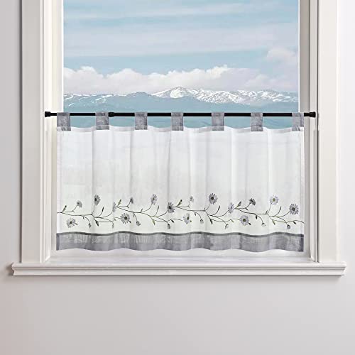 Delien Voile Scheibengardine Transparente Bistrogardinen Landhaus Kurz Vorhang Modern »Daisy« Kurzstores mit Blumenstickerei Küchengardinen mit Schlaufen BxH 90x45cm,Grau von Delien