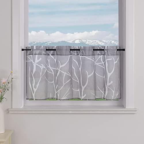 Delien Voile Scheibengardine mit Ösen Bistrogardinen Landhaus für Küche Transparente Kurzstores Modern Gardine »Zweig« Klein Fenster Kurz Vorhang BxH 120x30cm,Grau von Delien