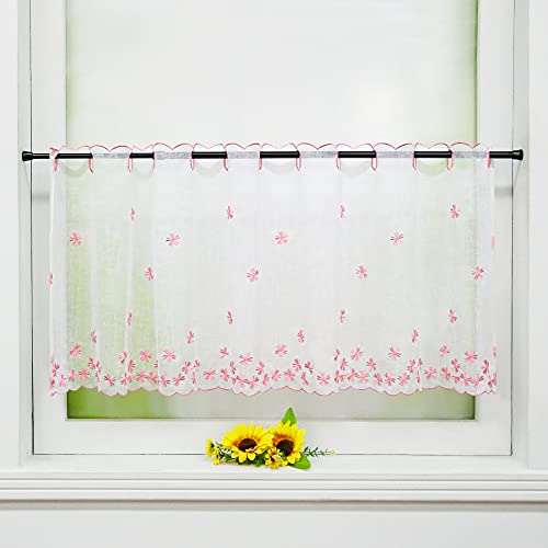 Delien Voile Scheibengardinen Kurzgardinen Stickerei Bistrogardine »Fallende Blumen« Transparente Kurzstores Durchstangenzug Kurzvorhang mit Blumenmuster für Küche 1 Stück BxH 120x60cm,Rosa von Delien