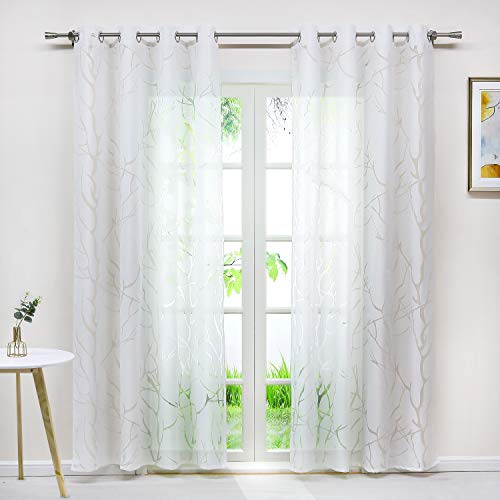 Delien Voile transparente Gardine Unifarbener Romantsicher Ausbrenner Äste Design Gardine mit Ösen Wohnzimmer Gardinenschals 175x140cm, weiß, 1 St. von Delien