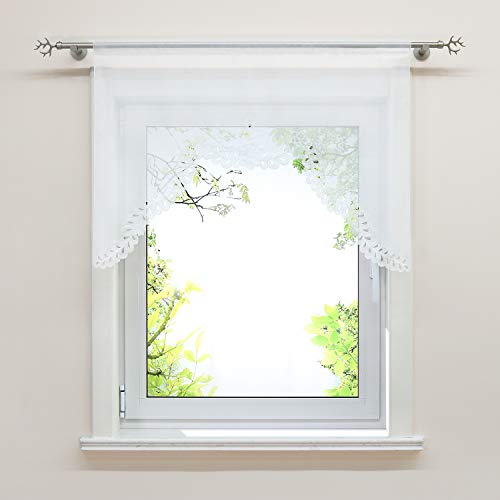 Delien Weiß Scheibengardine mit Lasercut Blütenstickerei Landhausstil transparente Kleinfenster Bogenstore (BxH 140x80cm) 1 Stück von Delien