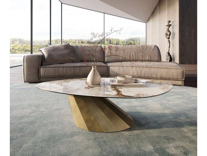 Couchtisch Edge Organisch 140x76 cm Keramik Minas Melange Parabi Metallic Gold, Couchtische von Delife
