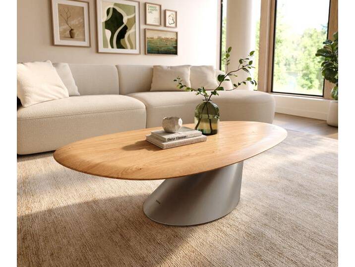 Couchtisch Edge Oval 140x75 cm Eiche Natur Runde Kante Conis Edelstahl gebürstet, Couchtische von Delife