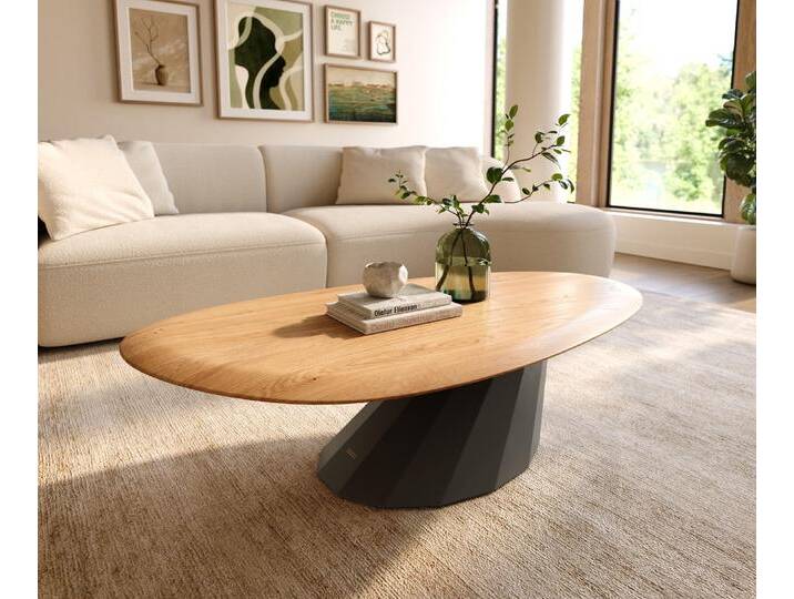Couchtisch Edge Oval 140x75 cm Eiche Natur Runde Kante Parabi Metall Schwarz, Couchtische von Delife