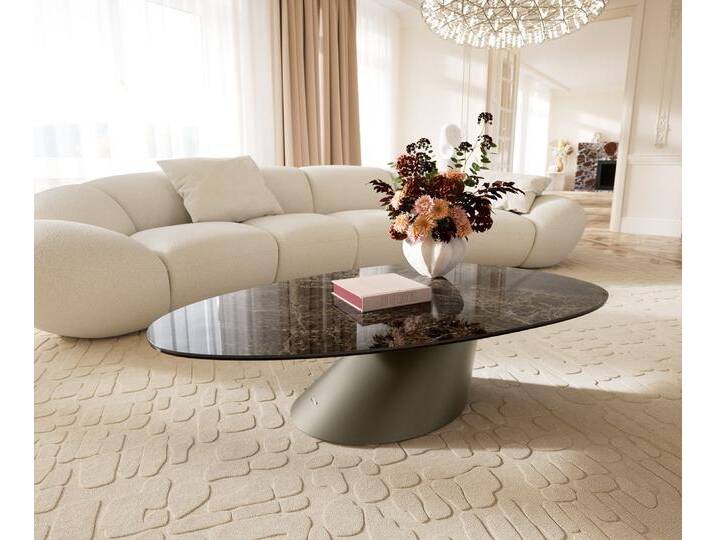 Couchtisch Edge Oval 140x75 cm Keramik Laminam® Emperador Extra Lucidato Dunkelbraun Conis Metall Effektfinish Titan, Couchtische von Delife