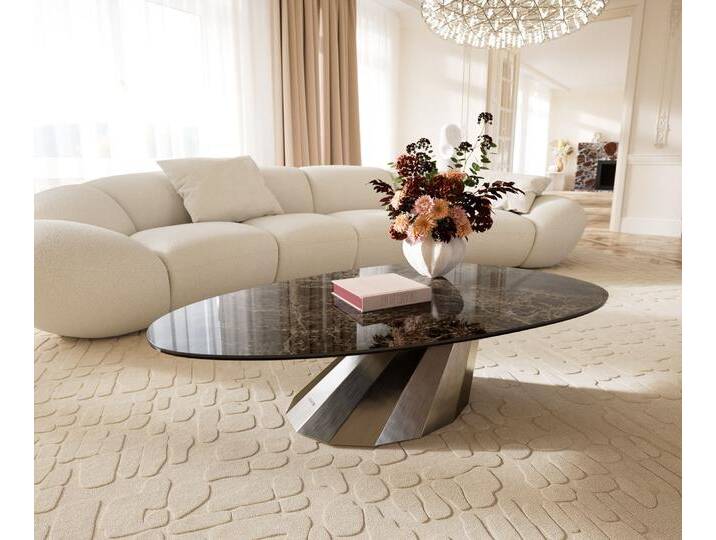 Couchtisch Edge Oval 140x75 cm Keramik Laminam® Emperador Extra Lucidato Dunkelbraun Parabi Edelstahl gebürstet, Couchtische von Delife