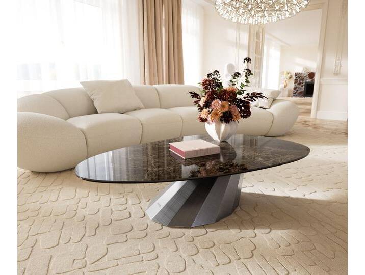 Couchtisch Edge Oval 140x75 cm Keramik Laminam® Emperador Extra Lucidato Dunkelbraun Parabi Metallic Silber, Couchtische von Delife