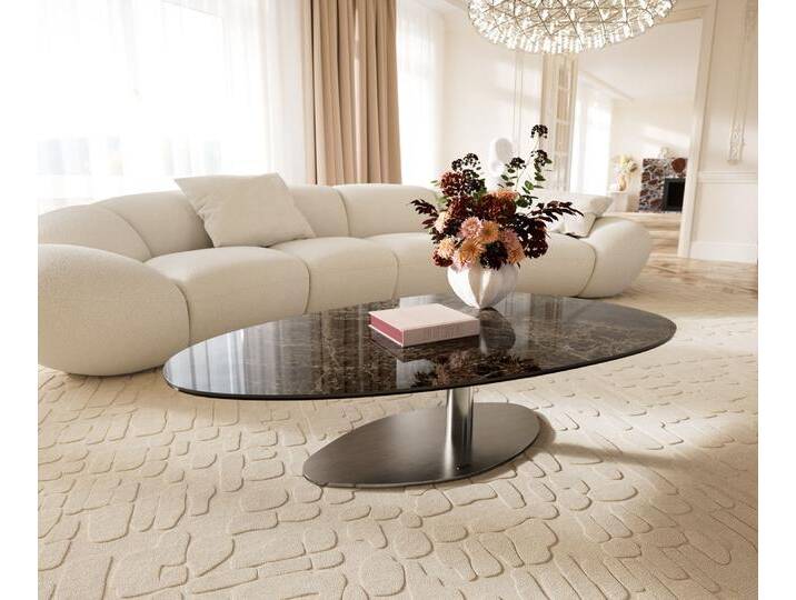 Couchtisch Edge Oval 140x75 cm Keramik Laminam® Emperador Extra Lucidato Dunkelbraun Vibany Edelstahl gebürstet, Couchtische von Delife