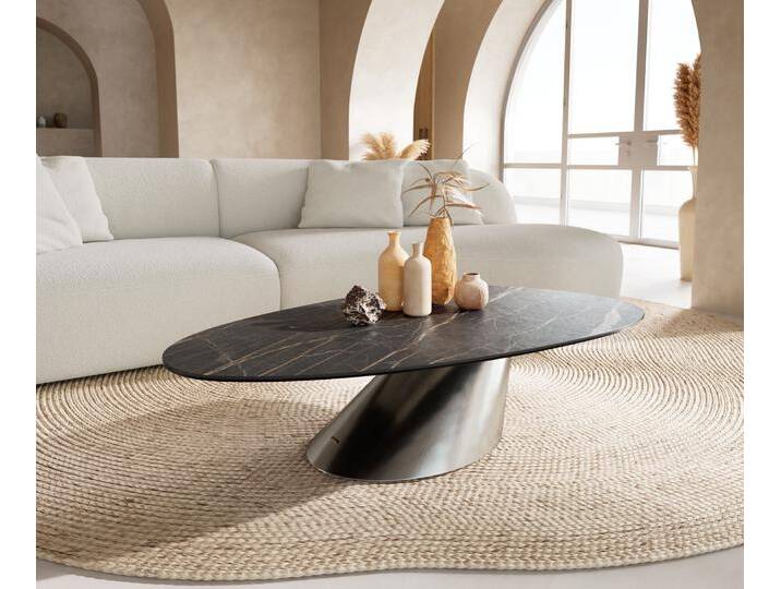 Couchtisch Edge Oval 140x75 cm Keramik Laminam® Noir Desir Braun Conis Edelstahl gebürstet, Couchtische von Delife
