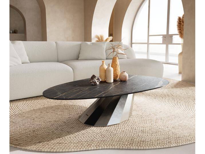 Couchtisch Edge Oval 140x75 cm Keramik Laminam® Noir Desir Braun Parabi Edelstahl gebürstet, Couchtische von Delife