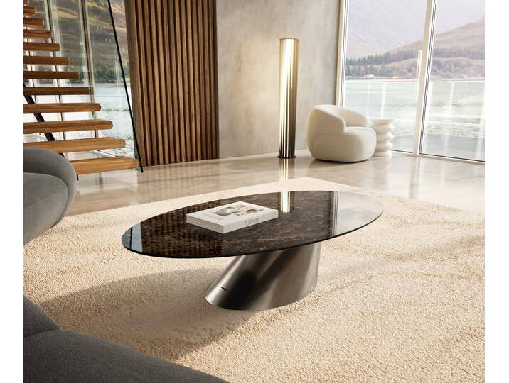 Couchtisch Edge Oval 140x80 cm Keramik Laminam® Emperador Extra Lucidato Dunkelbraun Conis Edelstahl gebürstet, Couchtische von Delife