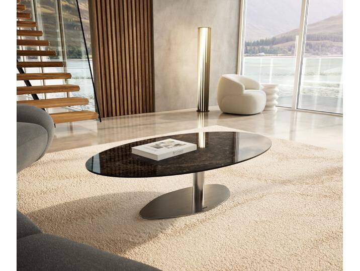 Couchtisch Edge Oval 140x80 cm Keramik Laminam® Emperador Extra Lucidato Dunkelbraun Vibany Edelstahl gebürstet, Couchtische von Delife