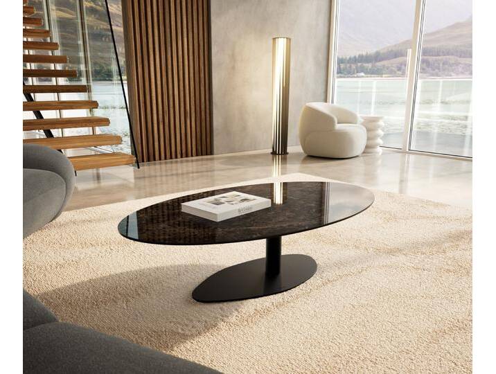 Couchtisch Edge Oval 140x80 cm Keramik Laminam® Emperador Extra Lucidato Dunkelbraun Vibany Metall Schwarz, Couchtische von Delife