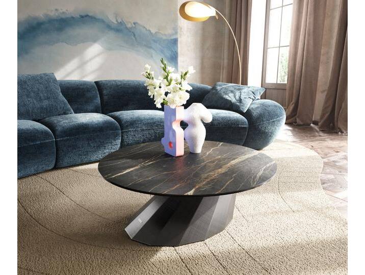 Couchtisch Edge Rund 90x90 cm Keramik Laminam® Noir Desir Braun Parabi Metallic Silber, Couchtische von Delife