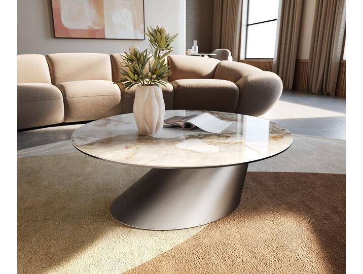 Couchtisch Edge Rund 90x90 cm Keramik Minas Melange Conis Edelstahl gebürstet, Couchtische von Delife