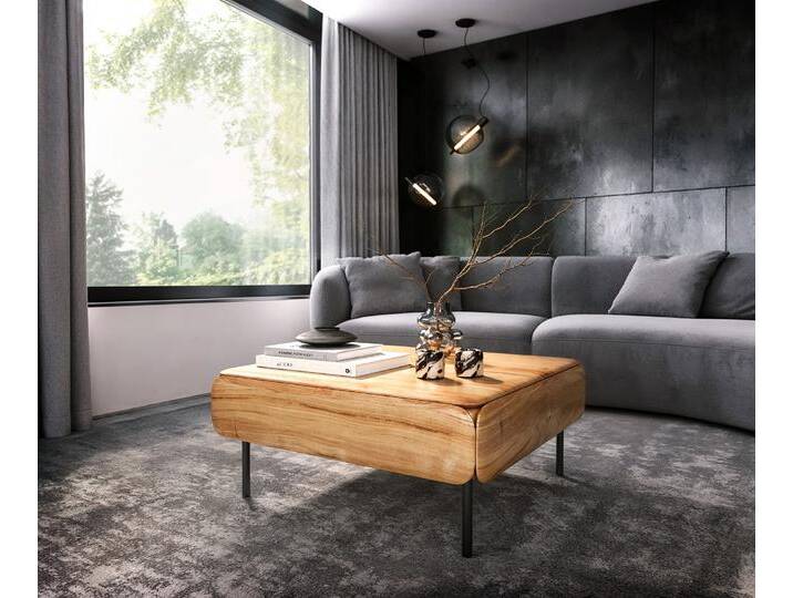 Couchtisch Shavani 90x90 cm Akazie Natur 2 Schubladen Metall Schwarz, Couchtische von Delife