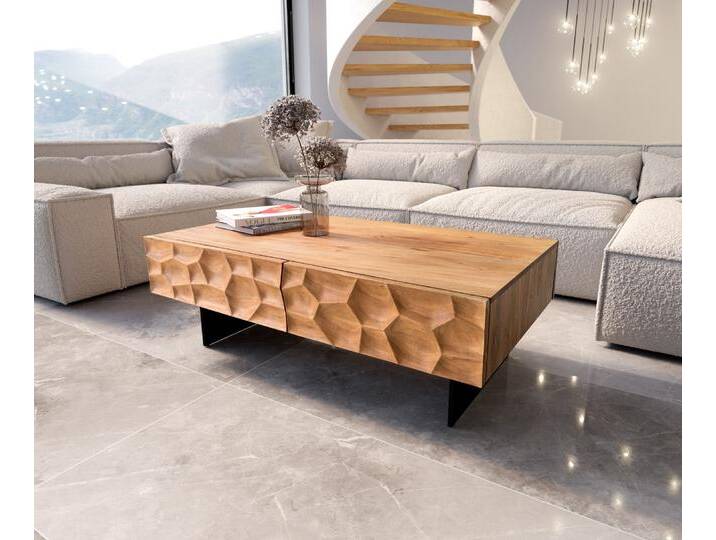 Couchtisch Solu 120x70 cm Akazie Natur 4 Schübe Fuß schwebend Metall Schwarz 3D-Front, Couchtische von Delife