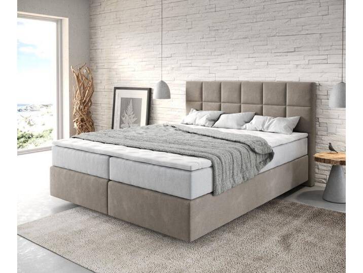 DELIFE Boxspringbett Dream-Fine, Mikrofaser Beige 160x200 cm mit TFK Matratze und Visco Topper, beige weiß, Mikrofaserstoff, wendbare Taschen-Federkernmatratze von Delife