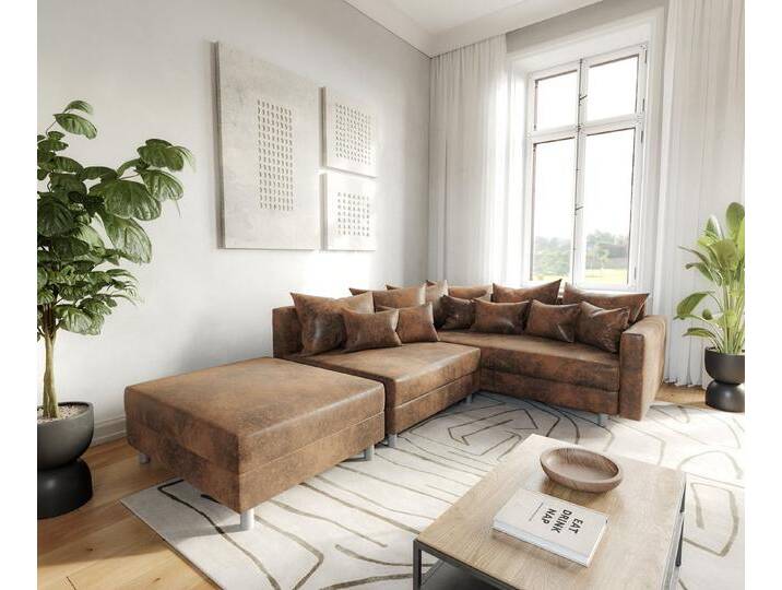 DELIFE Ecksofa Clovis, Braun Antik Optik Hocker Armlehne Ottomane Rechts Ecksofa Modul, braun, Mit Hocker, Braun von Delife