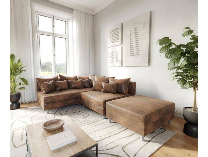 DELIFE Ecksofa Clovis, Braun Antik Optik mit Hocker Ottomane Links Ecksofa modular, braun, Mit Hocker, Braun von Delife