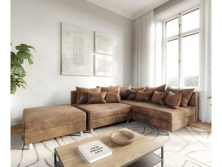 DELIFE Ecksofa Clovis, Braun Antik Optik mit Hocker Ottomane Rechts Ecksofa Modular, braun, Mit Hocker, Braun von Delife