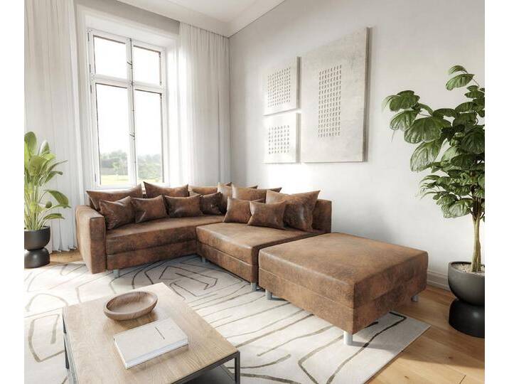 DELIFE Ecksofa Clovis, Braun Antik Optik mit Hocker und Armlehne Ottomane Links Ecksofa, braun, Mit Hocker, Braun von Delife