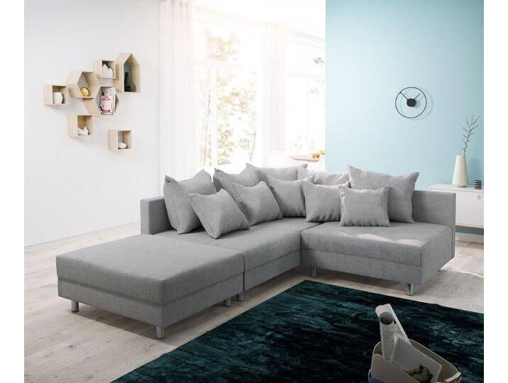 DELIFE Ecksofa Clovis, Grau Flachgewebe mit Hocker Ottomane Links modular, grau, Mit Hocker, Grau von Delife