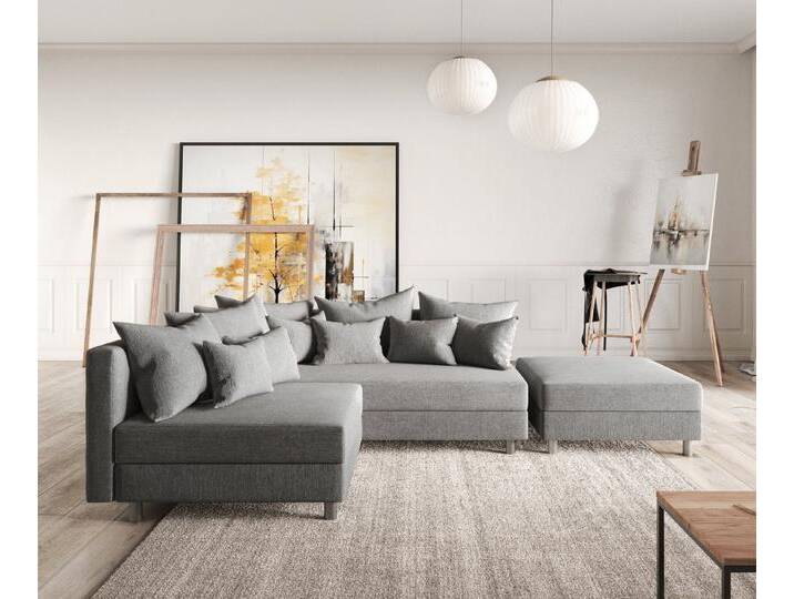 DELIFE Ecksofa Clovis, Grau Flachgewebe mit Hocker Ottomane Rechts Ecksofa, grau, Mit Hocker, Grau von Delife