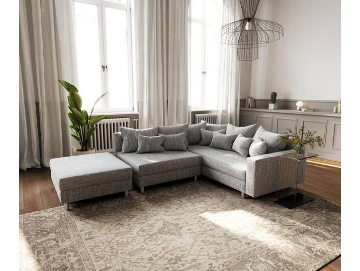 DELIFE Ecksofa Clovis, Hellgrau Strukturstoff Hocker Armlehne Ottomane Rechts modular, grau, Mit Hocker, Hellgrau von Delife