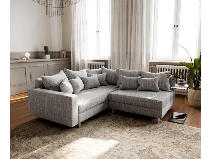 DELIFE Ecksofa Clovis, Hellgrau Strukturstoff mit Armlehne Ottomane Links modular, grau, Ohne Hocker, Hellgrau von Delife