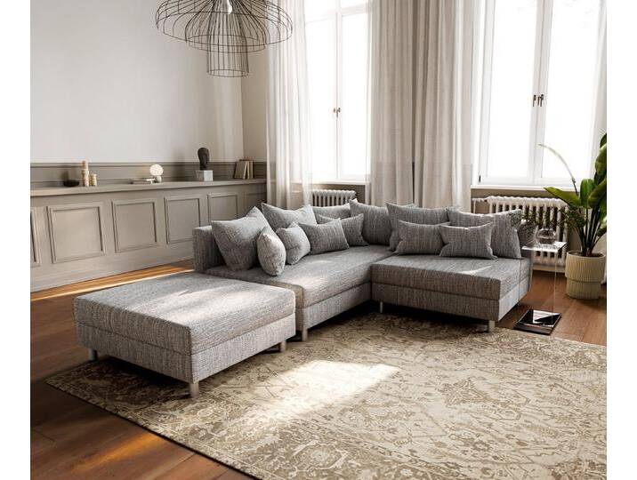 DELIFE Ecksofa Clovis, Hellgrau Strukturstoff mit Hocker Ottomane Links modular, grau, Mit Hocker, Hellgrau von Delife