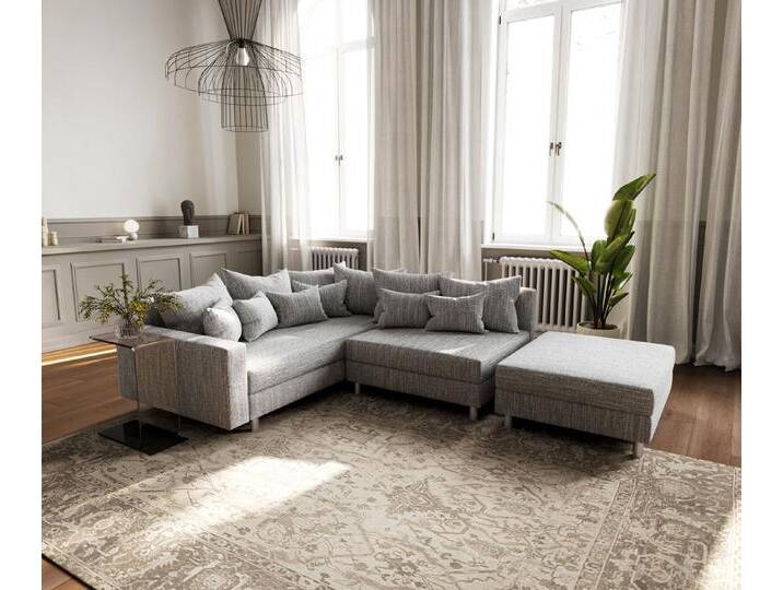 DELIFE Ecksofa Clovis, Hellgrau Strukturstoff mit Hocker und Armlehne Ottomane Links, grau, Mit Hocker, Hellgrau von Delife