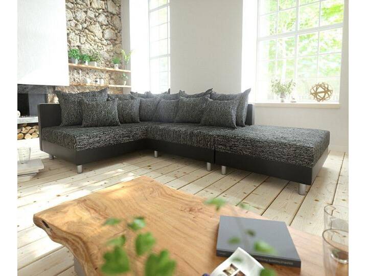 DELIFE Ecksofa Clovis, Schwarz Hocker Ottomane Links Ecksofa Modulsofa, schwarz, Mit Hocker, Schwarz/Schwarz von Delife
