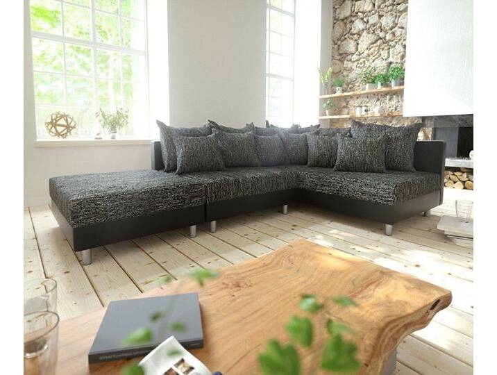 DELIFE Ecksofa Clovis, Schwarz mit Hocker Ottomane Rechts Ecksofa Modular, schwarz, Mit Hocker, Schwarz/Schwarz von Delife