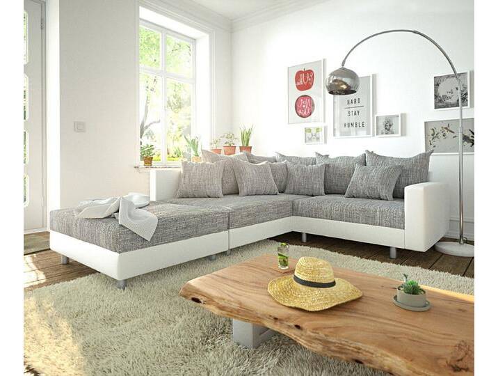 DELIFE Ecksofa Clovis, Weiss Hellgrau Hocker Armlehne Ottomane Links Ecksofa modular, grau, Mit Hocker, Grau/Weiss von Delife