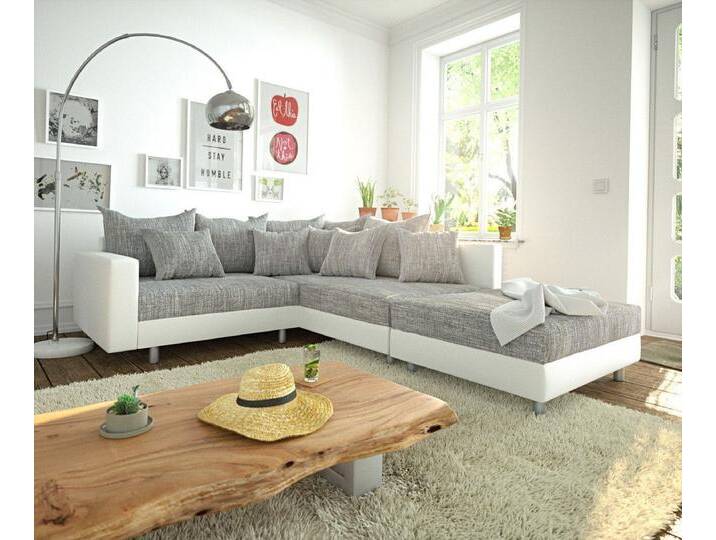 DELIFE Ecksofa Clovis, Weiss Hellgrau Hocker Armlehne Ottomane Rechts Ecksofa Modulsofa, grau, Mit Hocker, Grau/Weiss von Delife
