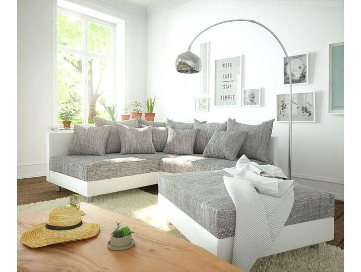 DELIFE Ecksofa Clovis, Weiss Hellgrau mit Hocker Ottomane Links Ecksofa modular, grau, Mit Hocker, Grau/Weiss von Delife