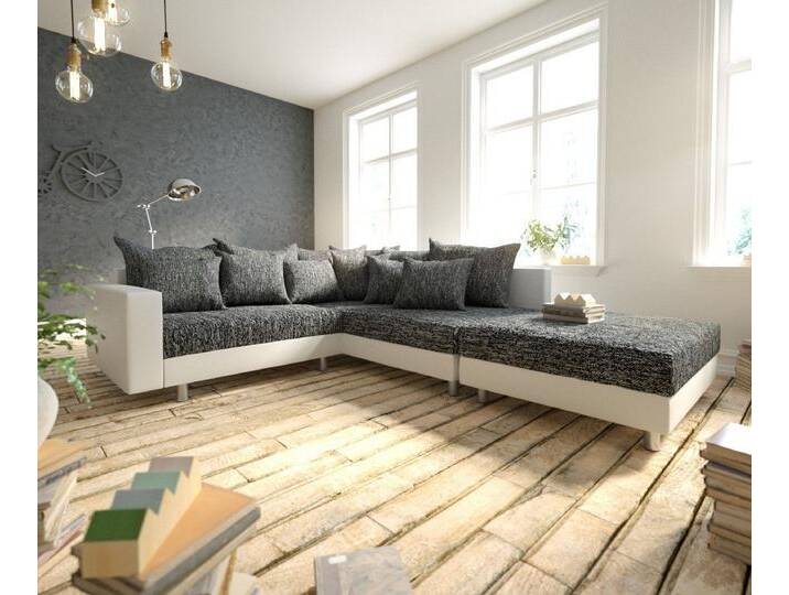 DELIFE Ecksofa Clovis, Weiss Schwarz Hocker Armlehne Ottomane Rechts Ecksofa Modulsofa, schwarz weiß, Mit Hocker, Schwarz/Weiss von Delife