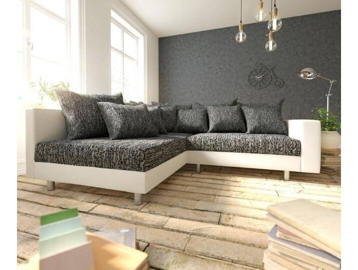 DELIFE Ecksofa Clovis, Weiss Schwarz mit Armlehne Ottomane Links Ecksofa Modulsofa, schwarz weiß, Ohne Hocker, Schwarz/Weiss von Delife